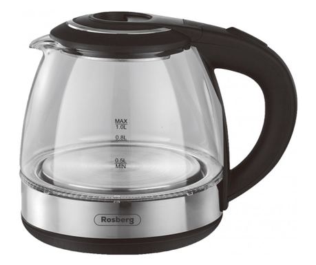 Rosberg R51230Q Ηλεκτρικός Βραστήρας, 1500W, 1 L, Γυάλινος, Φώτα LED, Ανοξείδωτο ατσάλι/Μαύρο