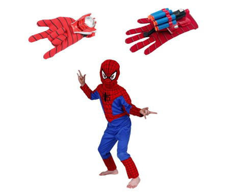 Set costum clasic Spiderman si doua lansatoare cu discuri si ventuze burete copii 7-9 ani 120 - 130 cm