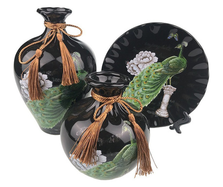 Set 2 vaze decorative si farfurie din ceramica, Paun, Negru, 723H-1