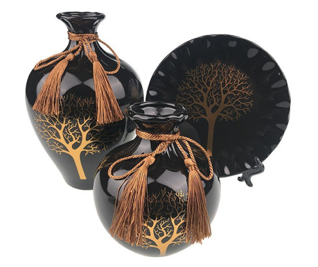 Set 2 vaze decorative si farfurie din ceramica, Copac, Negru, 723H-2