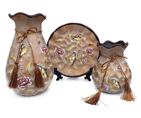 Set 2 vaze decorative si farfurie din ceramica, Flori, Maro, 468G-1