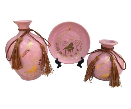 Set 2 vaze decorative si farfurie din ceramica, Note muzicale, Roz, 448H-1