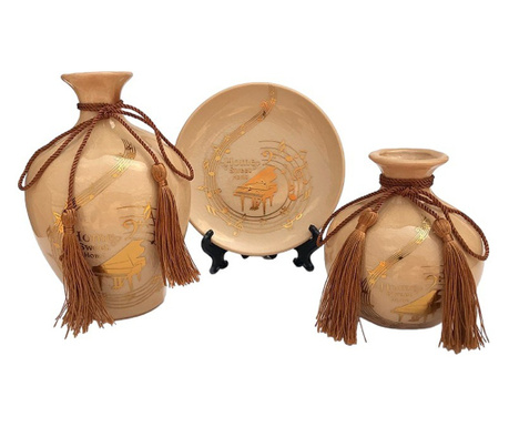 Set 2 vaze decorative si farfurie din ceramica, Note muzicale, Crem, 448H-2