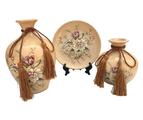 Set 2 vaze decorative si farfurie din ceramica, Flori, Crem, 446H-3