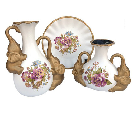 Set 2 vaze decorative si farfurie din ceramica, Flori si Elefanti, Alb, 445H-2