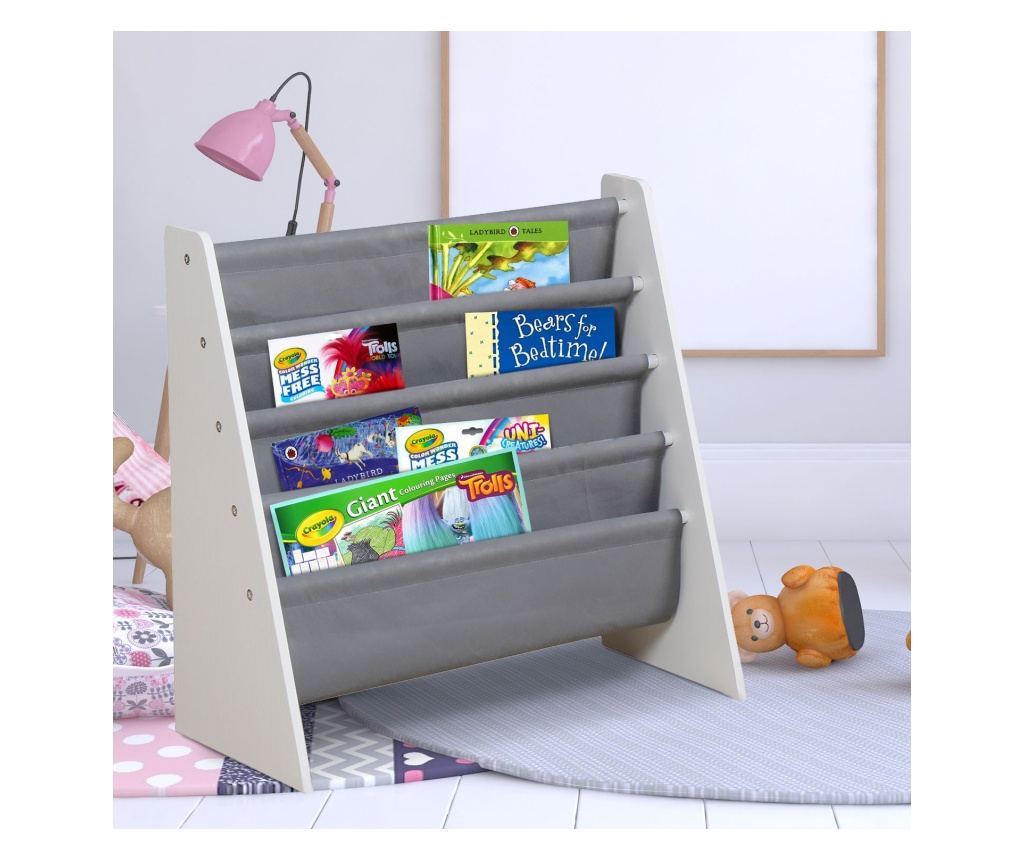 Organizator din lemn pentru cărți și jucării pentru copii, bibliotecă cu rafturi pentru camera copiilor - ALB/GRI - 5
