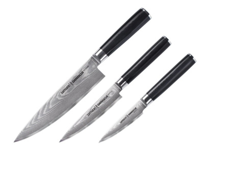 3 Samura-Damascus késből álló készlet, damasztacél, 9/12.5/20 cm, ezüst/fekete