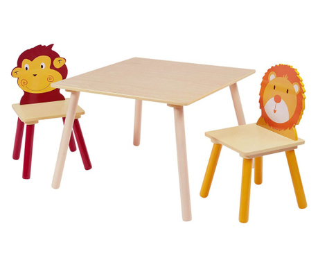 Dječji drveni stol sa 2 stolice, set - za učenje, igru, crtanje, jelo - ANIMALS