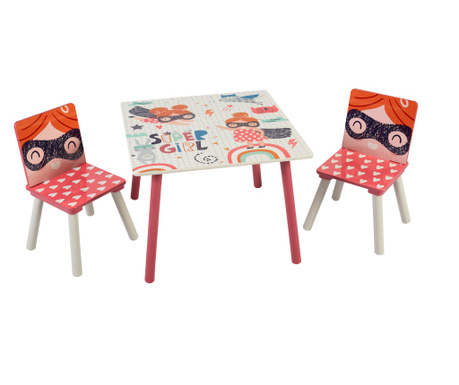 Детска Маса с 2 Столчета, Комплект от Дърво - за Учене, Игра, Хранене, Мебели за Детска Стая, Бяло и Розово - SUPER GIRL