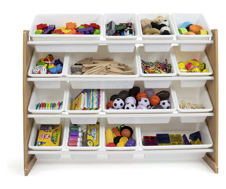 Детски Дървен Органайзер Голям, за Съхранение на Играчки и Книжки, Етажерка за Детска Стая - WOOD/WHITE
