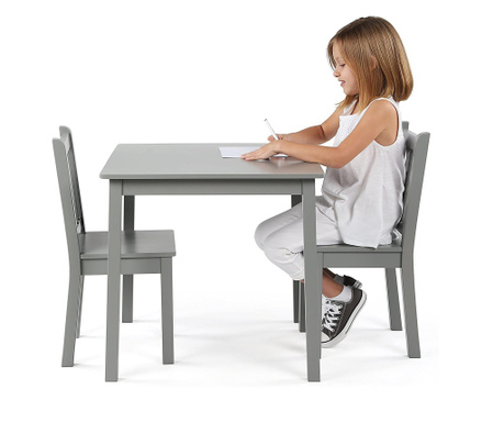 Детска Дървена Маса с 2 Столчета, Комплект за Учене, Рисуване, Игра, Хранене - GREY