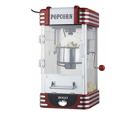 Aparat pentru popcorn, Sogo 11350, 310 W, otel inoxidabil, picioare anti-alunecare,lumina interna, ON/OFF, alb/rosu