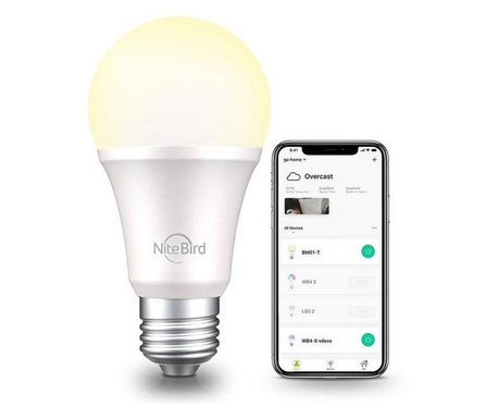Смарт крушка LED NiteBird WB4, E27, 8W (75W), 800 лумена, Топла светлина (2700K), Съвместима с Alexa/Google Home, Енергиен клас
