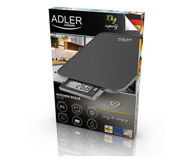 Кухненска везна Adler AD3167B, Максимален капацитет 10 кг, USB зареждане, LCD дисплей, Черен