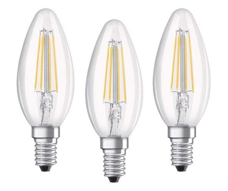 Комплект 3 крушки LED Osram Base Filament B40, E14, 4 W (40 W), 470 лумена, A++, Неутрална светлина (4000K), Енергиен клас E