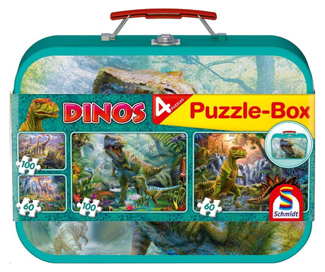 Puzzle Schimdt 4 in 1 - Dinozauri, 2x60, 2x100 piese, cutie metalica