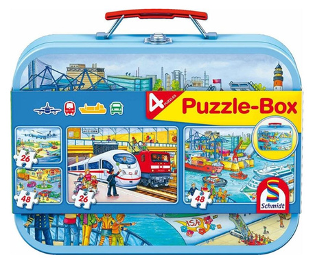 Puzzle Schimdt 4 in 1 - Mijloace de transport, 2x26, 2x48 piese, cutie metalica