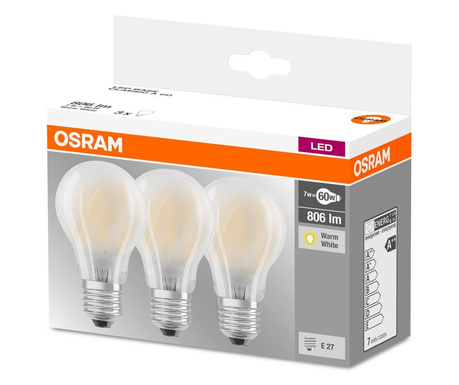 Комплект 3 крушки LED Osram A60, E27, 7W (60W), 806 лумена, Матови, Топла светлина