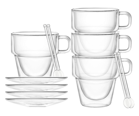 Комплект чаши, чаени лъжички и чинийки Quasar & Co., двустенна, За кафе, Термоустойчиви, прозрачна, 250 мл, 4 Броя