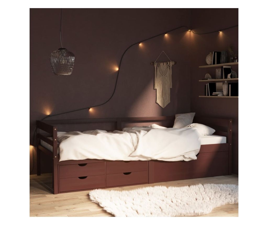 Dark Brown Pine Wood Bed Frame with Drawers & Cabinet 90x200 cm