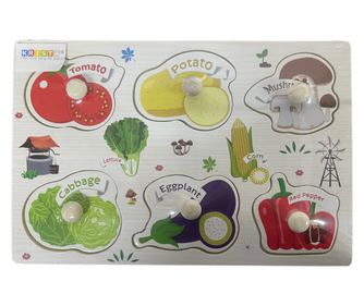 Puzzle incastru cu butoni si imagini, Legume, din lemn, 22 x 15 cm