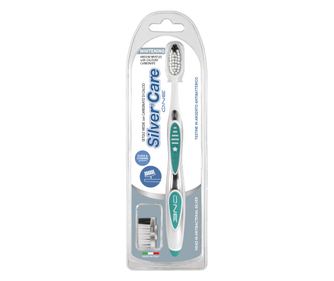 Kartáček na zuby Silver Care One Whitening přirozené bělení střední štětiny +1 vyměnitelná náhradní stříbro, antibakteriální úči