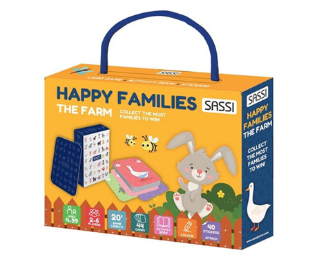 Set joc Happy Families, Gradina - 44 de cartonase, carte si 40 de stickere, Sassi