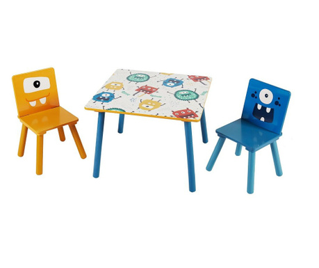 Masa pentru copii din lemn cu 2 scaune, set - pentru joaca, desen, mancat - GHOSTS
