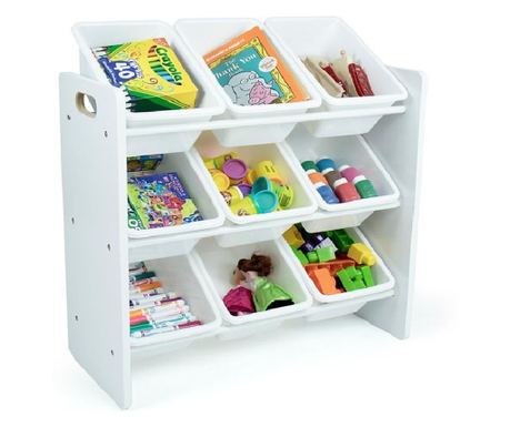Dřevěný organizér s 9 boxy pro ukládání hraček a knih - bílý