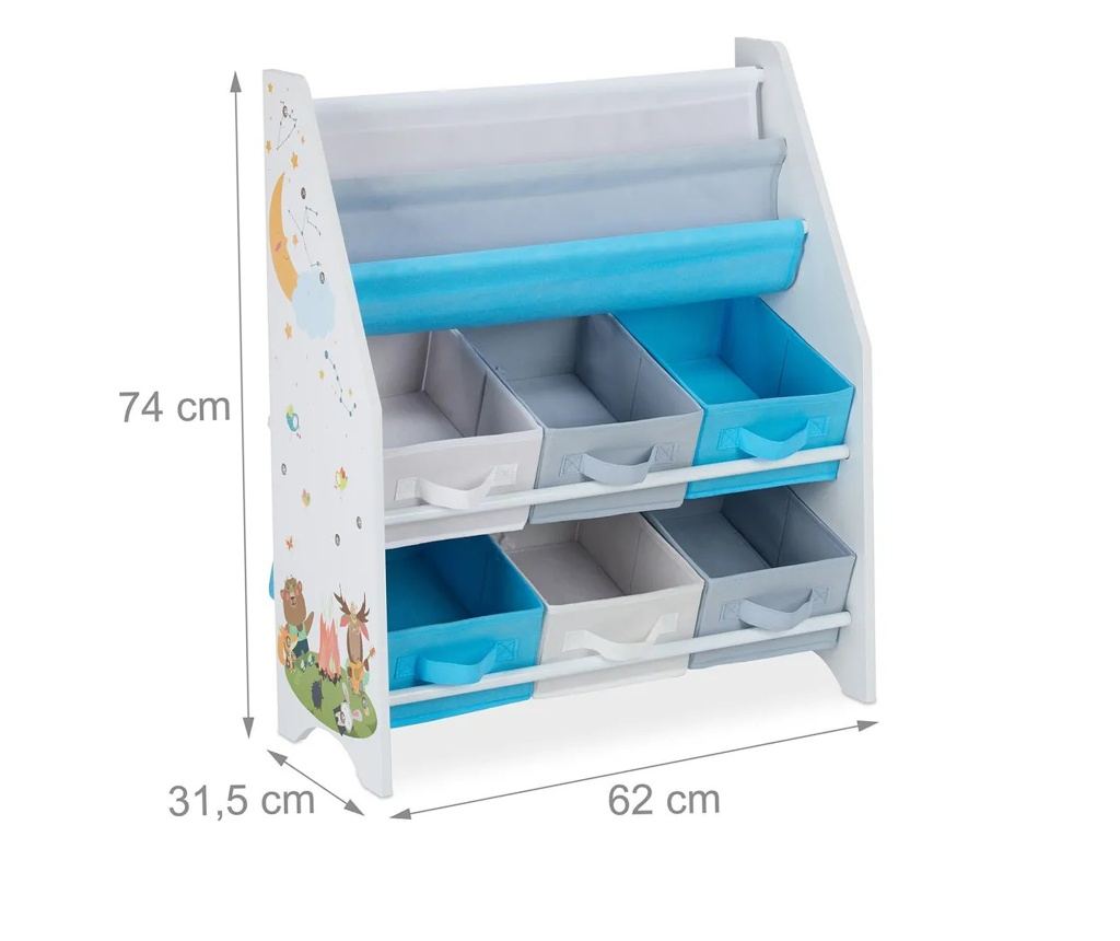 Dječja soba - polica za knjige i organizator igračaka, drveni organizator sa 6 tekstilnih kutija za pohranu - ŠUMA - 2