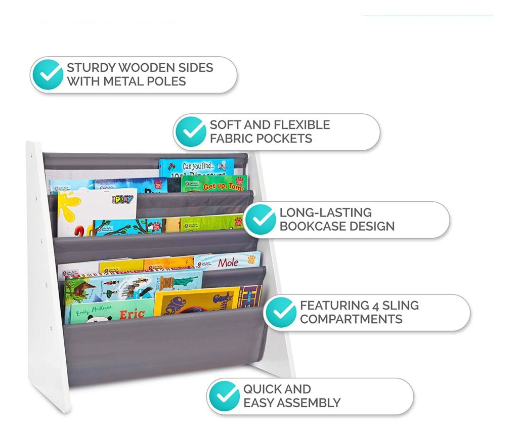 Drveni organizator za dječje knjige i igračke, polica za knjige s policama za dječju sobu - BIJELA/SIVA - 3