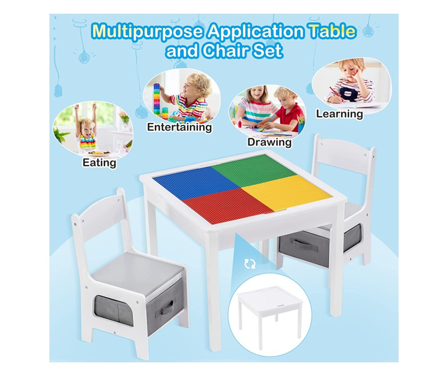 Детска Маса с 2 Столчета, Двустранна, Комплект от Дърво за Учене, Рисуване, Писане, Редене на Конструктори тип LEGO - WHITE/GRAY