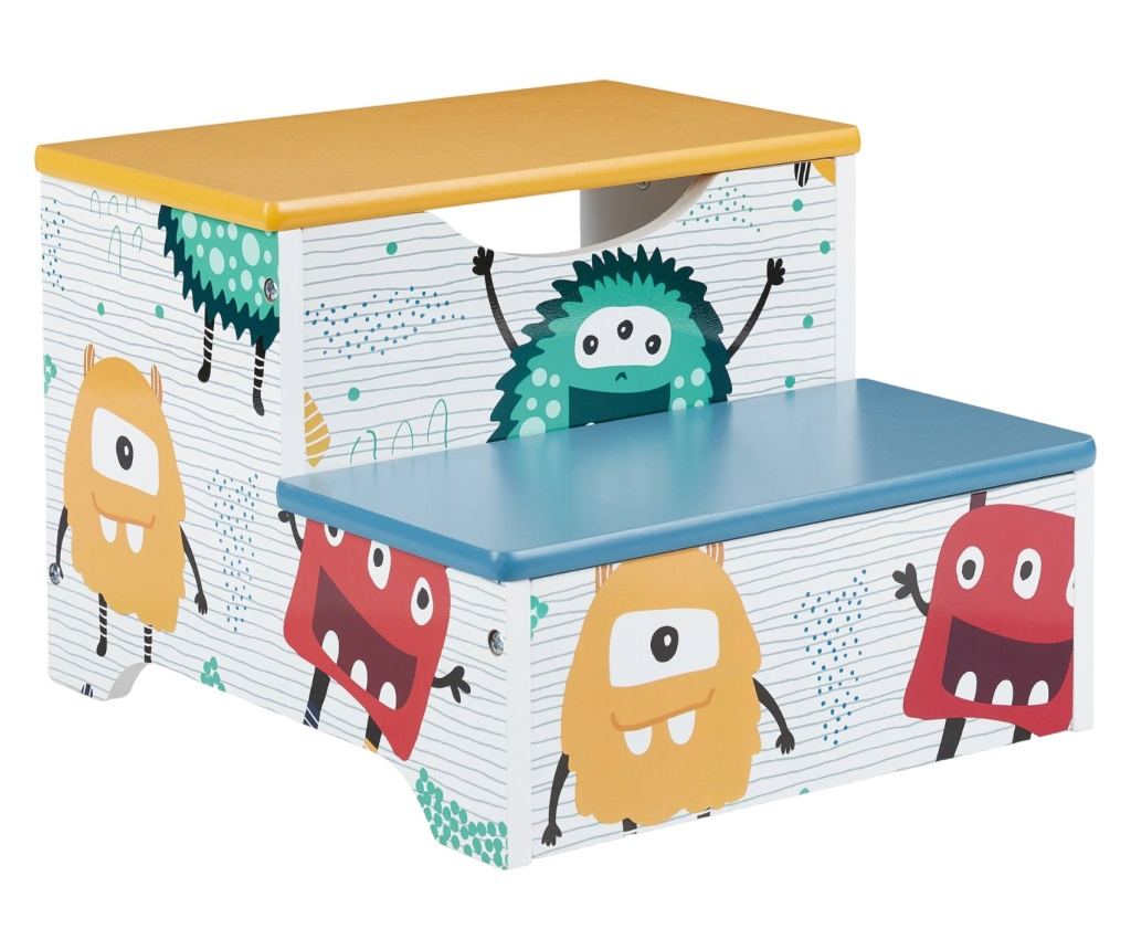 Dětská dřevěná stolička se 2 schůdky, úložným prostorem a madlem - MONSTER - 9