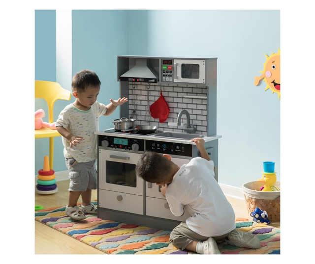 Детска Дървена Кухня със Звук, Светлина и Аксесоари за готвене - WHITE/GREY