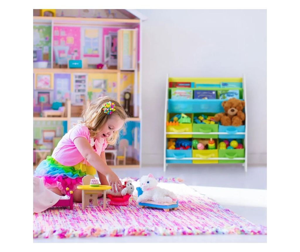 Dječja soba - polica za knjige i organizator igračaka, drveni organizator sa 6 tekstilnih kutija za pohranu - ŠUMA - 7