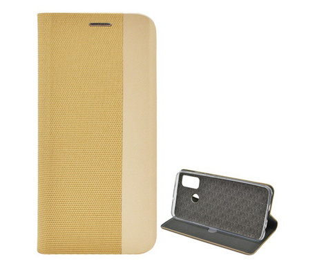 Husa pentru telefon in picioare, efect piele (Flip, deschidere laterala, functie suport pentru masa, efect textil) GOLD [Huawei