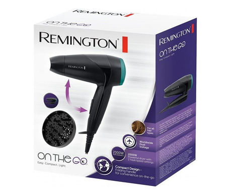 Сешоар Remington On The Go D1500, 2000 W, 2 настройки, Концентратор, Дифузер, Черен/Зелен