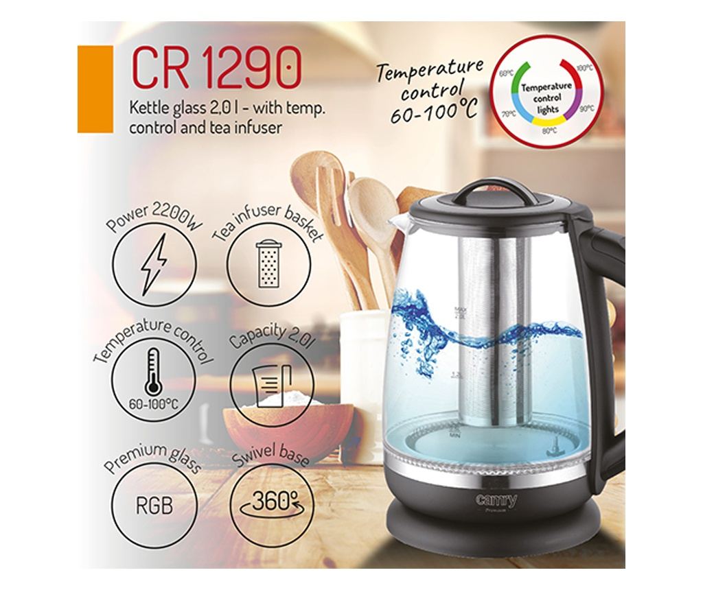 Fierbator din sticla cu infuzor pentru ceai Camry CR 1290,  2 L - 9