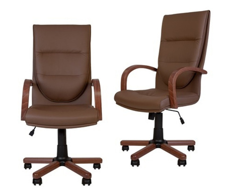 Set 2 scaune directoriale EXONIA EXTRA, brate din lemn, piele ecologica, Brun inchis