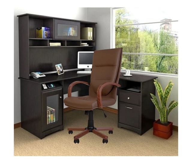 Direktorska stolica EXONIA EXTRA, drveni nasloni za ruke, eko koža, tamno smeđa