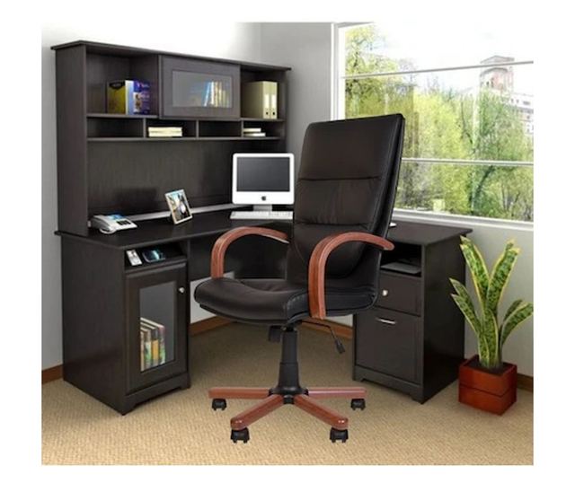 Set 2 direktorskih stolica EXONIA EXTRA, drveni nasloni za ruke, prirodna koža, crna