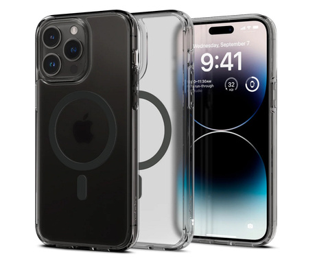 Apple iPhone 14 Pro, Műanyag hátlap védőtok + szilikon keret, Magsafe töltővel kompatibilis, Spigen Ultra Hybrid Mag, áttetsző/f