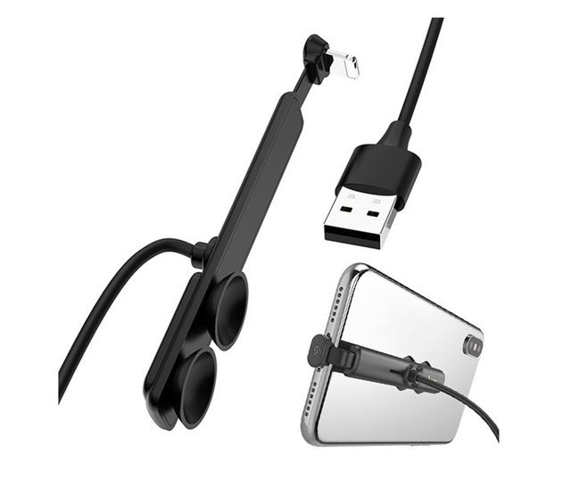 HOCO U51 töltőkábel lightning 8pin, (gyorstöltés támogatás, tapadókorongos, gamer, 120cm, 90 fokos) FEKETE (U51_LIGHT_B)