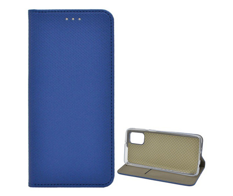 Husa pentru telefon in picioare, efect piele (Flip, deschidere laterala, functie suport pentru masa, model romb), Albastru inchi