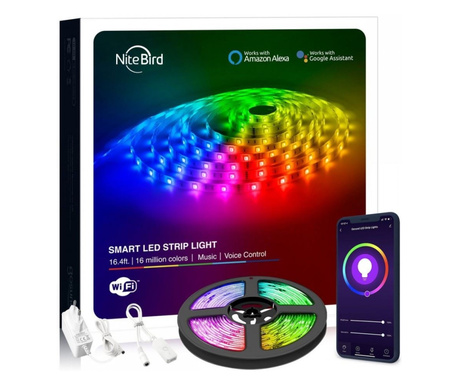 Banda LED RGB inteligenta NiteBird SL2, Wireless, senzor muzica, 16W, 5V, IP65, 5m, compatibil Alexa si Google Assistant, Androi