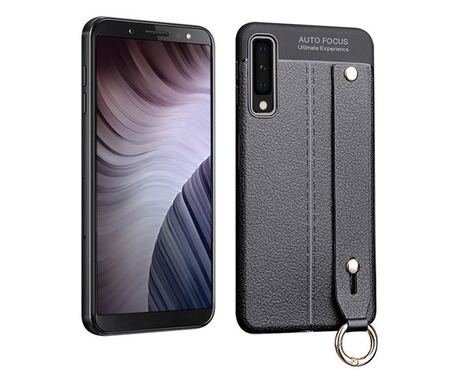 Szilikon telefonvédő (közepesen ütésálló, asztali tartó funkció, bőr hatású, varrás minta + kézpánt) FEKETE [Samsung Galaxy A7 (