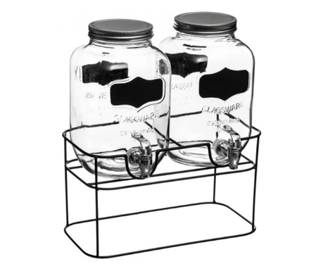 Set 2 dispensere pentru bauturi racoritoare si suport, Rustik Glassware, 2 x 4 litri
