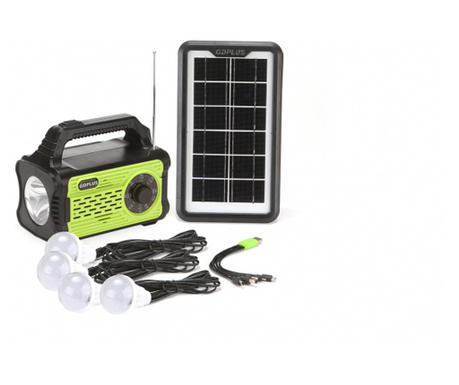 Kit Solar pentru Iluminare LED SMD, MP3 Player Bluetooth, Radio FM, 10000 mAH, Autonomie 12 - 24 h, Intrare USB 5 V, Negru/Verde