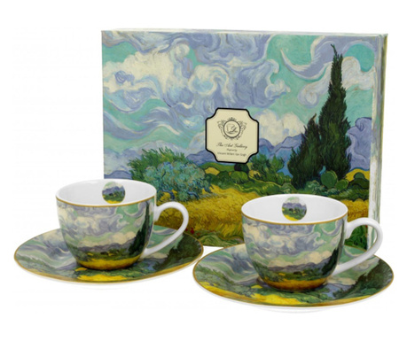 Porcelán eszpresszó kávés csésze aljjal 2 db szett Van Gogh Búzaföld ciprusokkal