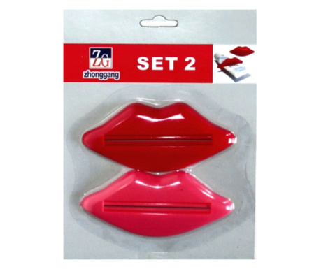 Set 2 bucati dispozitiv pentru stors tub pasta de dinti sau cosmetice, in forma de buze, 9.6x4cm, rosu si roz inchis